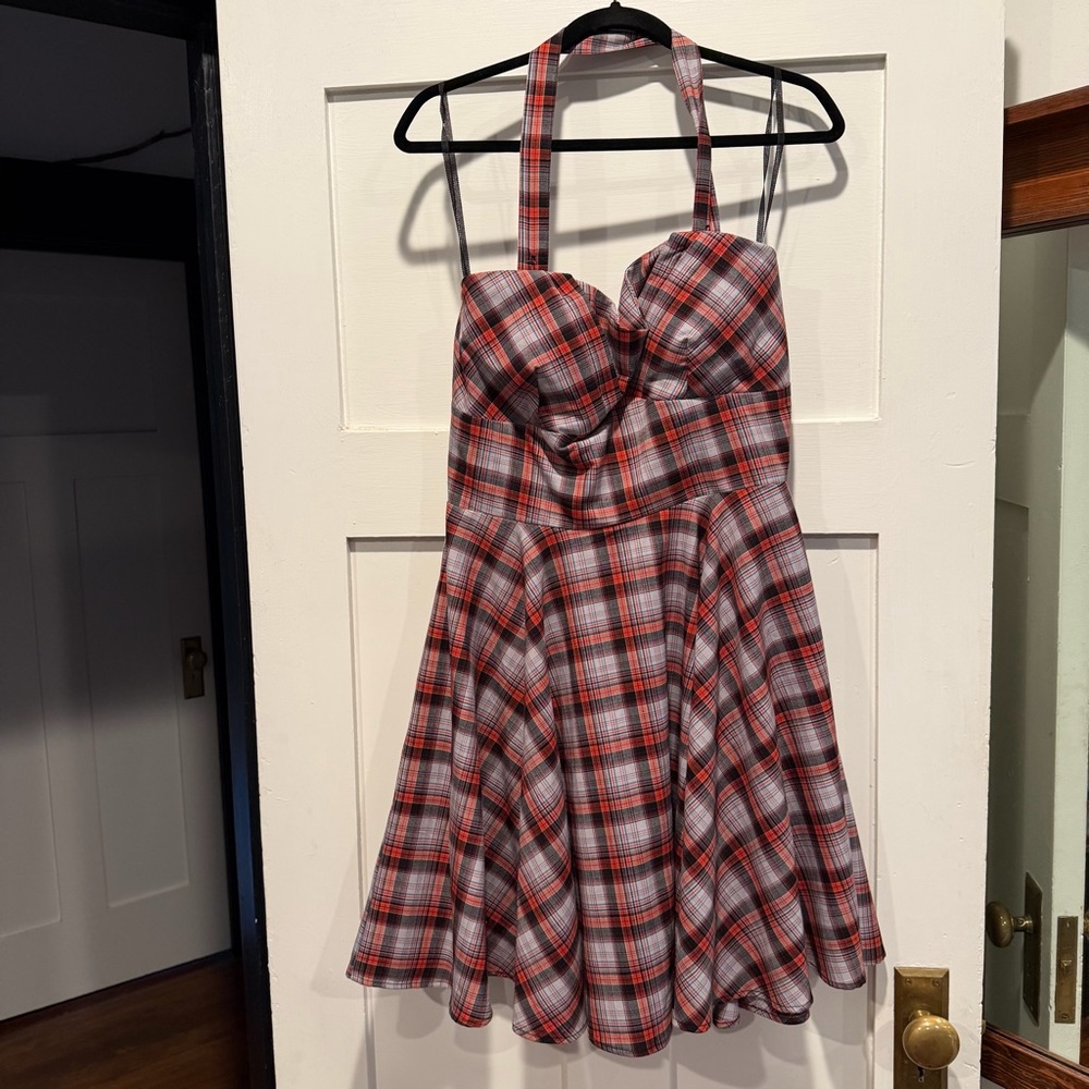 Rust Plaid Halter Dress with full skirt, XL